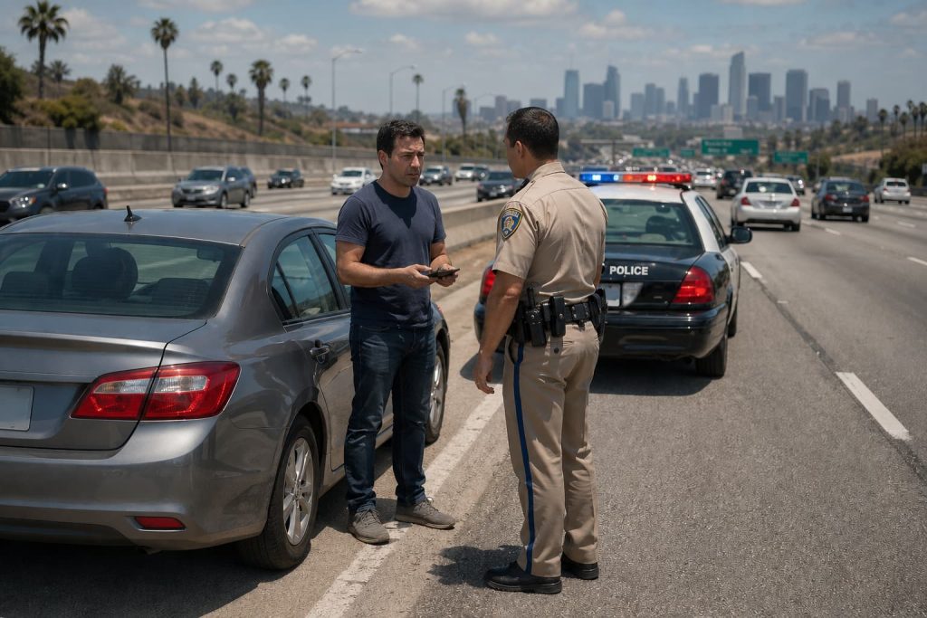 California highway traffic stop with police officer questioning driver beside car on Los Angeles freeway, suggesting uninsured motorist situation.