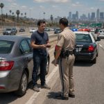California highway traffic stop with police officer questioning driver beside car on Los Angeles freeway, suggesting uninsured motorist situation.