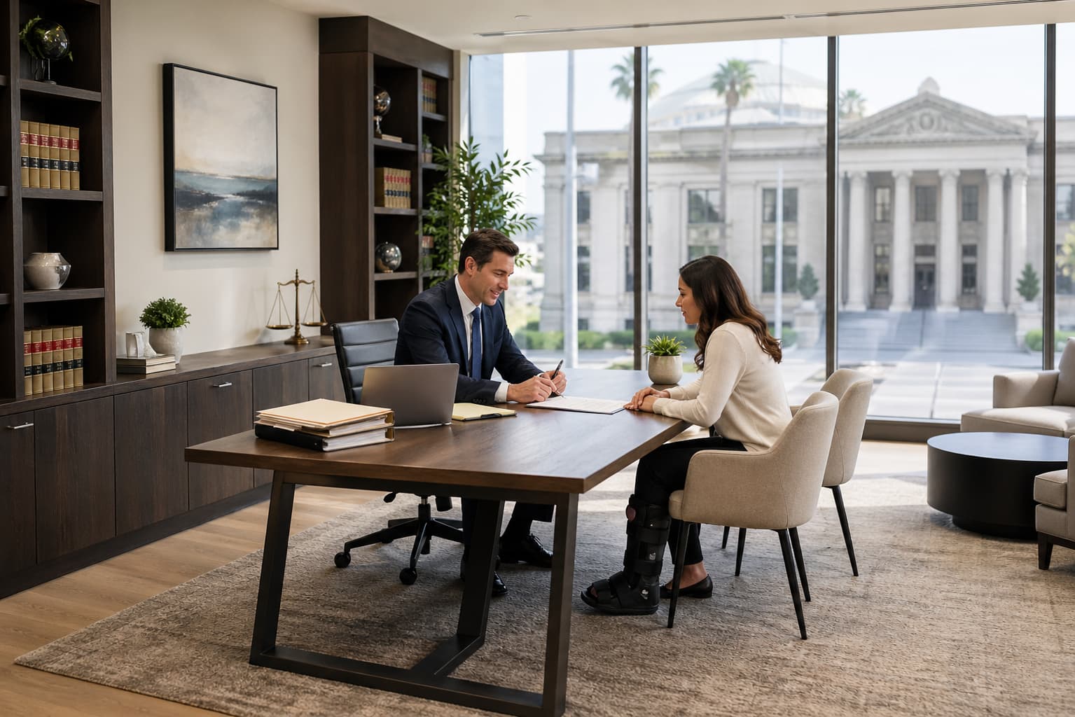 Personal injury attorney reviewing legal documents with injured client in modern Southern California law office, courthouse visible through window, professional and reassuring consultation scene.