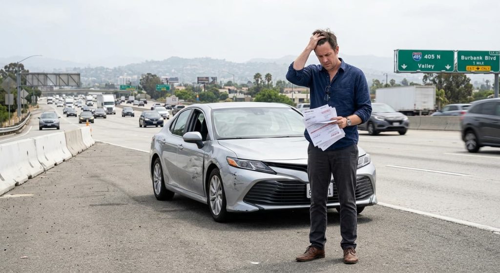 A middle-aged man holding paperwork stands stressed next to his damaged car on a California highway after an accident, illustrating a blog post about medical bills exceeding policy limits. no text, no watermark
