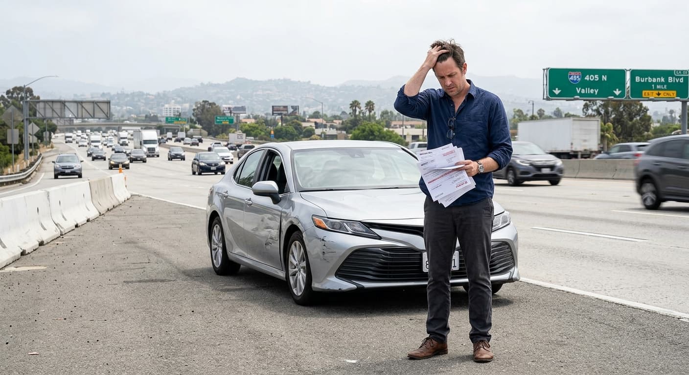 A middle-aged man holding paperwork stands stressed next to his damaged car on a California highway after an accident, illustrating a blog post about medical bills exceeding policy limits. no text, no watermark