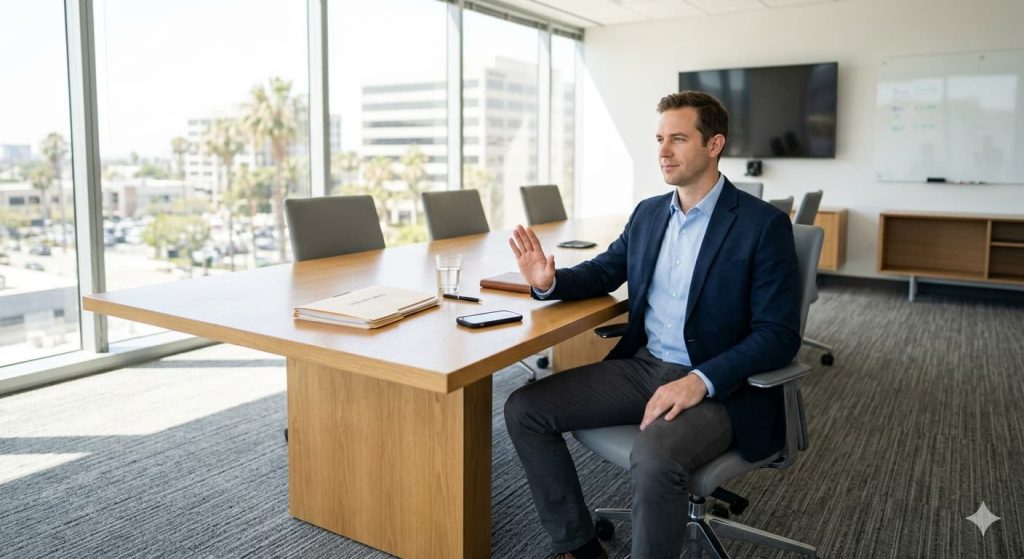 Man sitting at conference table, gesturing a decline toward a smartphone