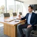 Man sitting at conference table, gesturing a decline toward a smartphone