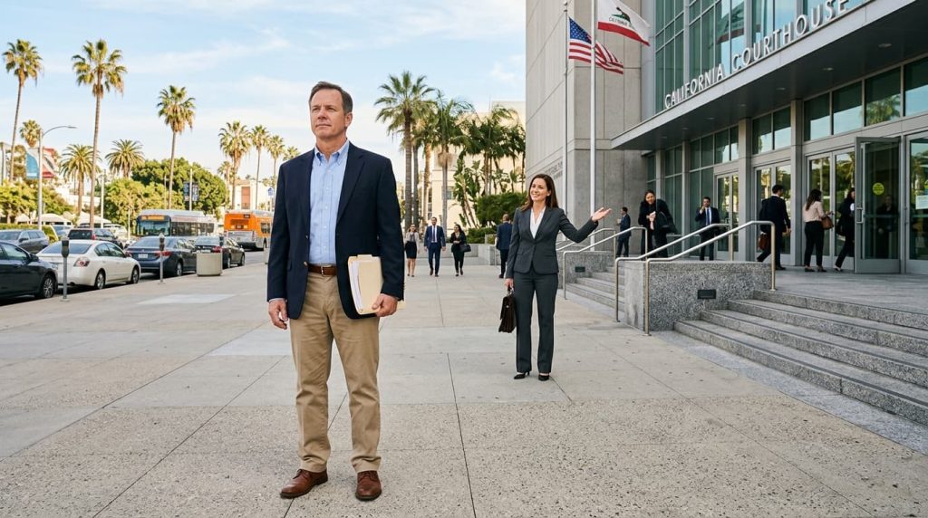 Man holding legal documents standing outside a California courthouse while a lawyer gestures toward the entrance, representing partial fault car accident compensation claims in California.