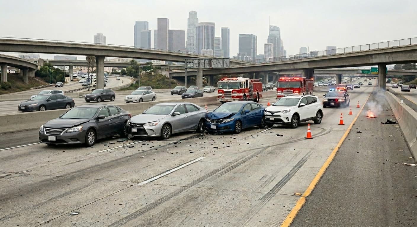 Multiple cars involved in a chain-reaction crash on a Southern California freeway with the Los Angeles skyline in the background, illustrating multi-vehicle collision liability for the middle car.