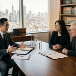 California wrongful death attorney meeting with a family in a law office to explain survival action and wrongful death claim options