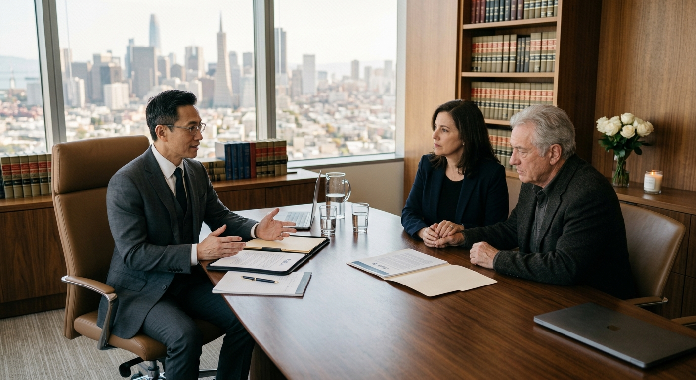 California wrongful death attorney meeting with a family in a law office to explain survival action and wrongful death claim options