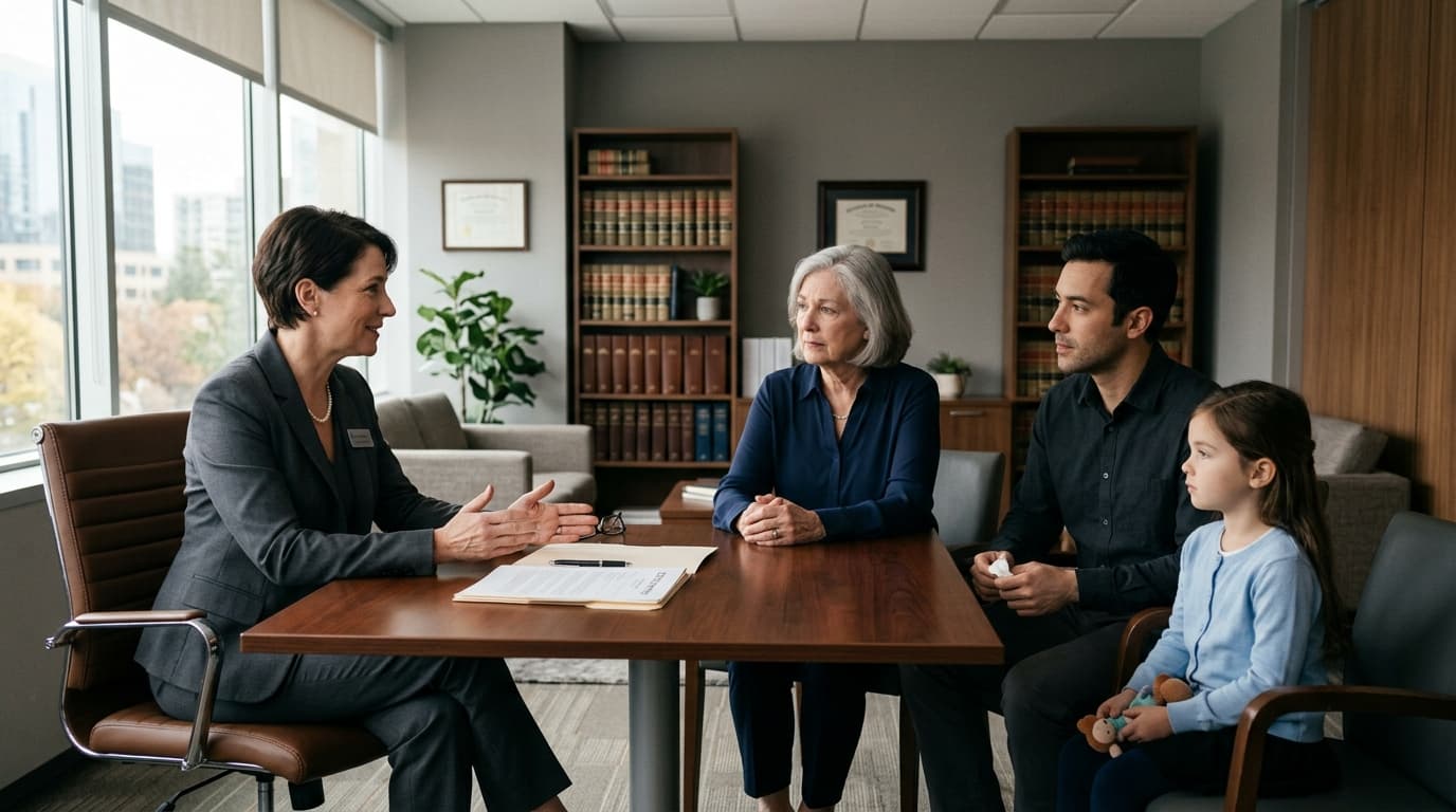 Attorney meeting with a grieving family to discuss filing a wrongful death claim in California under CCP § 377.60