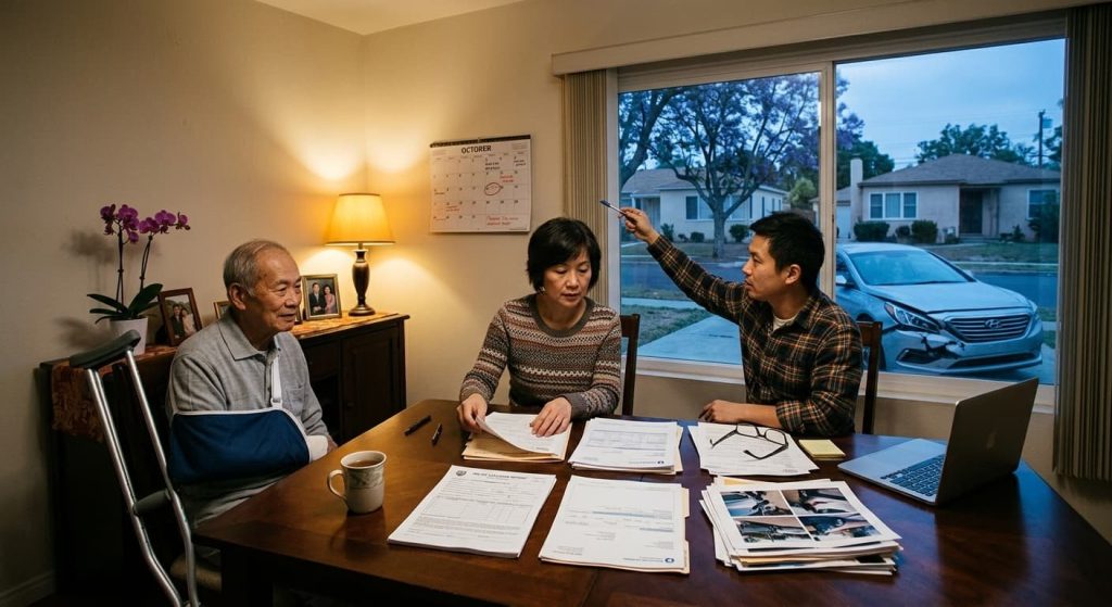 加州2026年新酒驾法：酒驾肇事受害者一家在家中整理车祸报告、医疗账单和保险理赔文件，窗外停着被撞的汽车