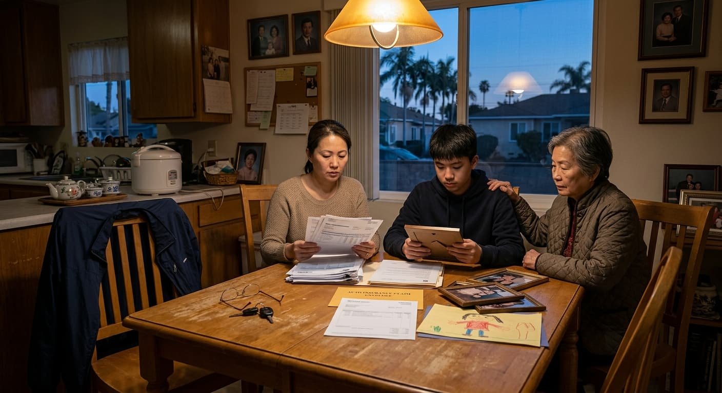 加州车祸撞死人后，华人家属在洛杉矶家中整理保险理赔与收入文件，计算不当致死赔偿